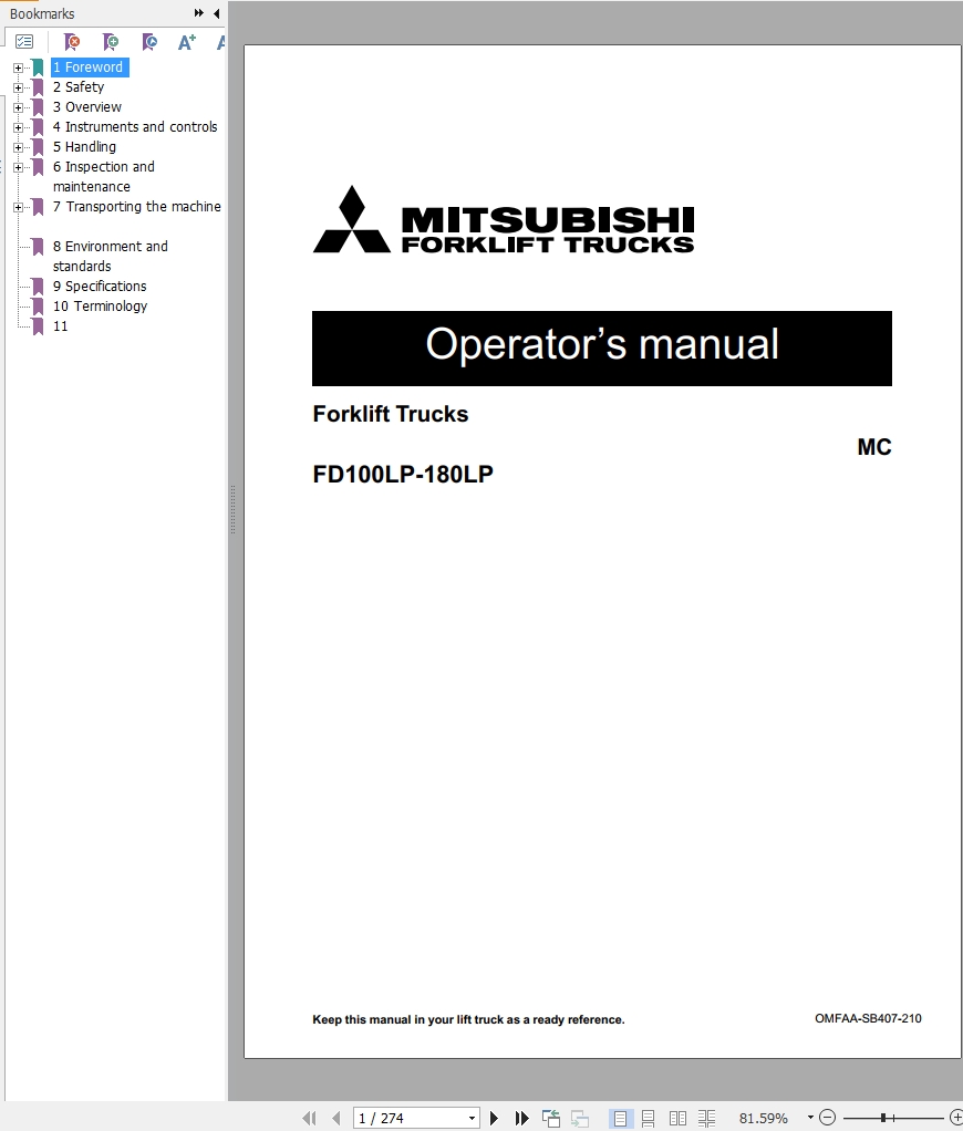 Mitsubishi Forklift FD100L6PM Diagrams Operation and Maintenance Manual Service Manual EN FR ES