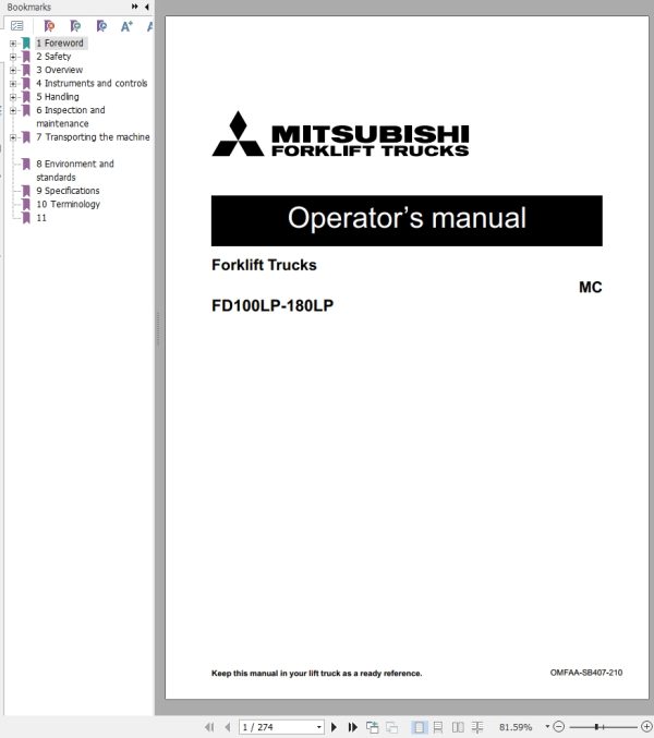Mitsubishi Forklift FD120L6P Diagrams Operation and Maintenance Manual Service Manual Parts Manual EN ES FR 2