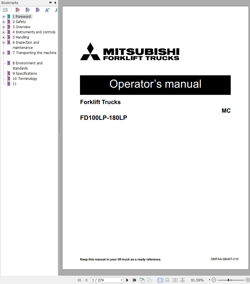 Mitsubishi Forklift FD150L6PM FD180L6P Diagrams Operation and Maintenance Manual Service Manual EN FR ES