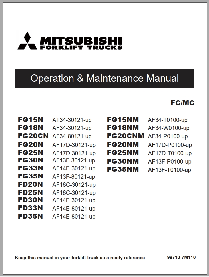 Mitsubishi Forklift FG15NM FG18NM FG20NM Diagrams Operation and Maintenance Manual Service Manual EN FR ES