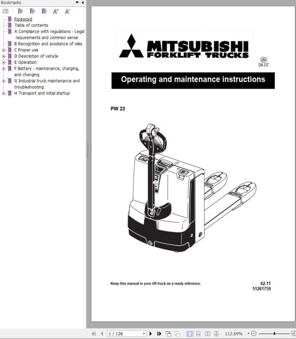 Mitsubishi Forklift PW23 Operation and Maintenance Manual Service Manual 1