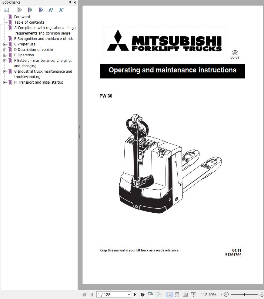 Mitsubishi Forklift PW30 Operation and Maintenance Manual Service Manual