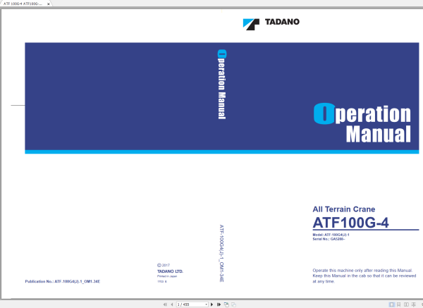 Tadano Crane ATF100G 4 Operation and Maintenance Manual ATF 100G4J 1 OM1 34E 1