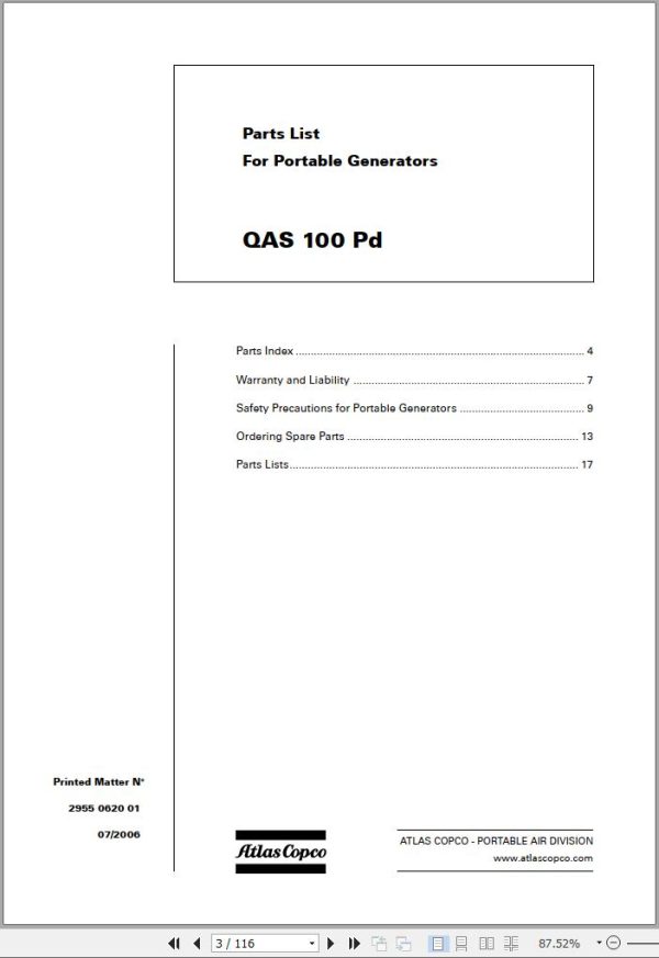 Atlas Copco Portable Compressors QAS 100 Pd 2955 0620 01 Spare Parts List 2006