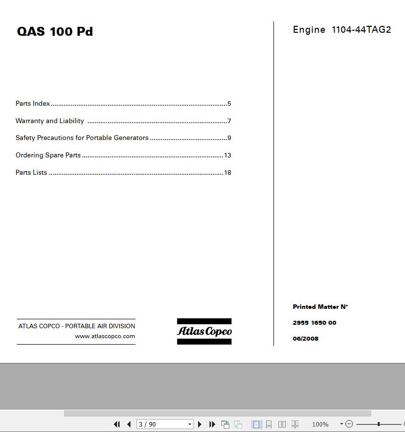 Atlas Copco Portable Compressors QAS 100 Pd 2955 1650 00 Spare Parts List 2008