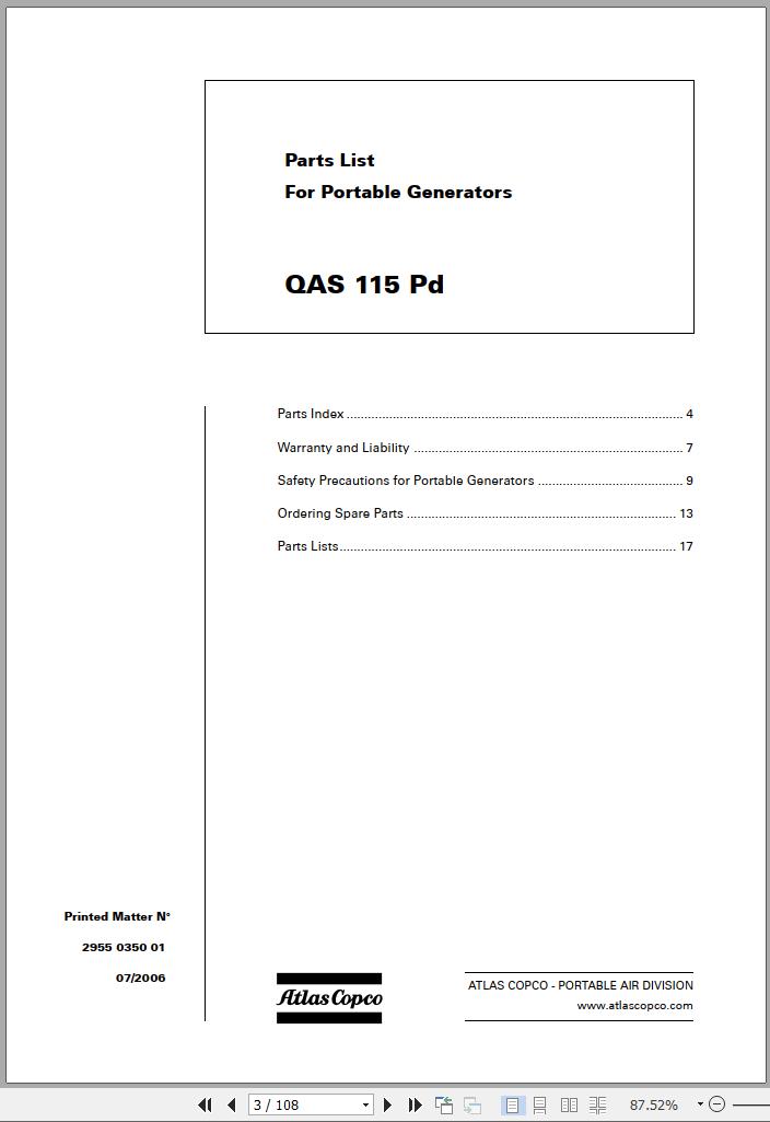 Atlas Copco Portable Compressors QAS 115 Pd Spare Parts List 2006