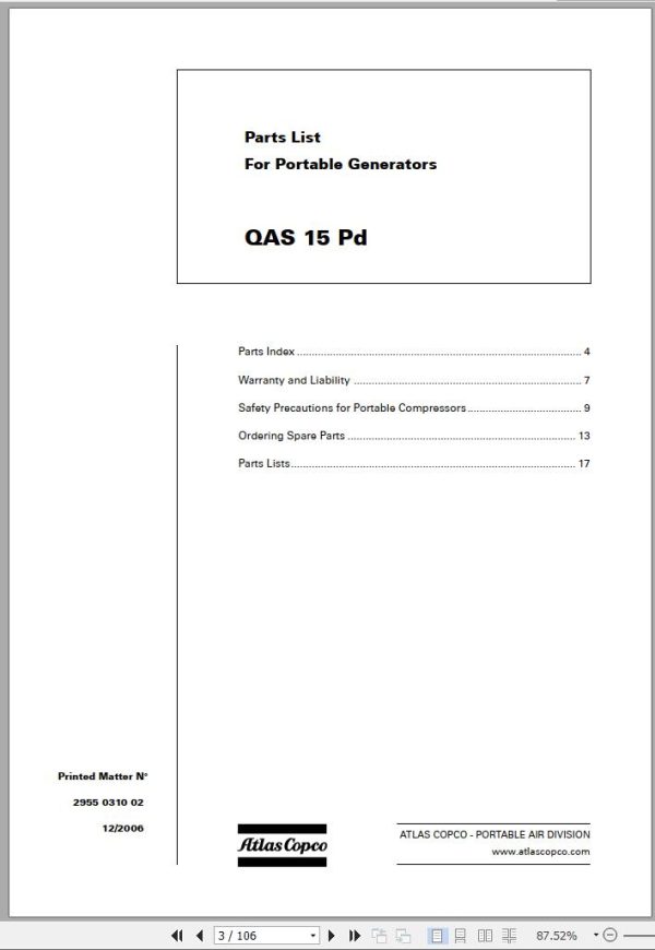Atlas Copco Portable Compressors QAS 15 Pd Spare Parts List 2006
