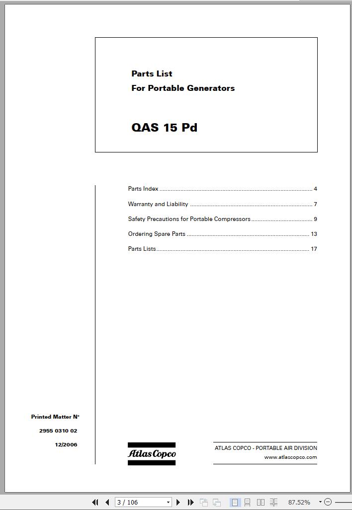 Atlas Copco Portable Compressors QAS 15 Pd Spare Parts List 2006