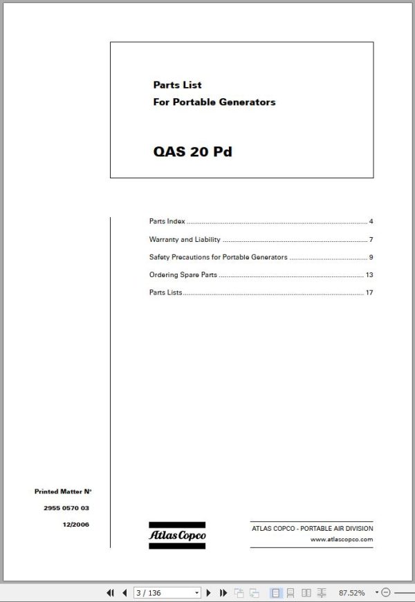 Atlas Copco Portable Compressors QAS 20 Pd Spare Parts List 2006
