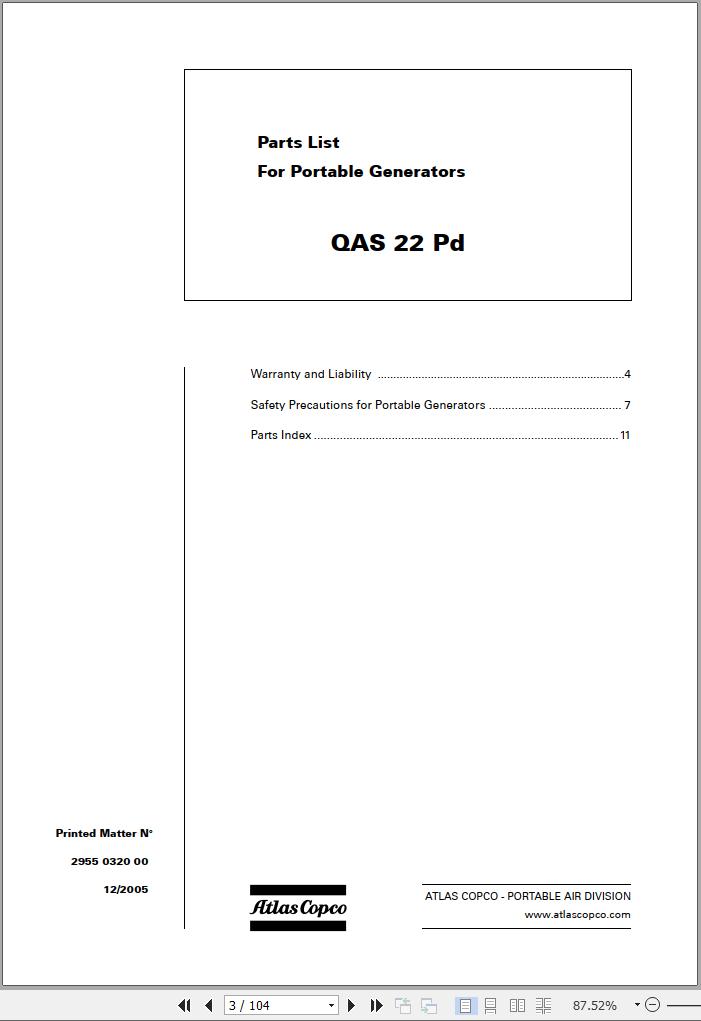 Atlas Copco Portable Compressors QAS 22 Pd Spare Parts List 2005