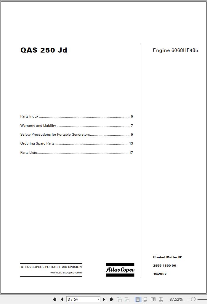 Atlas Copco Portable Compressors QAS 250 Jd Engine 6068 HF485 Spare Parts List 2007