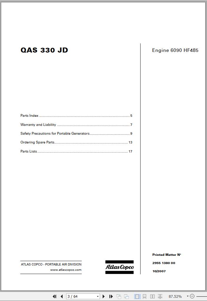 Atlas Copco Portable Compressors QAS 330 Jd Engine 6090 HF485 Spare Parts List 2007