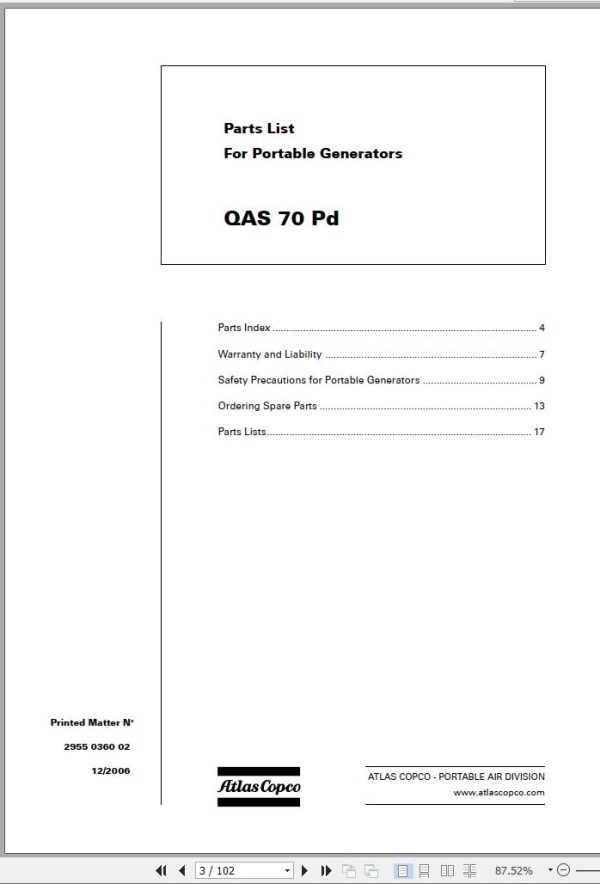 Atlas Copco Portable Compressors QAS 70 Pd Spare Parts List 2006