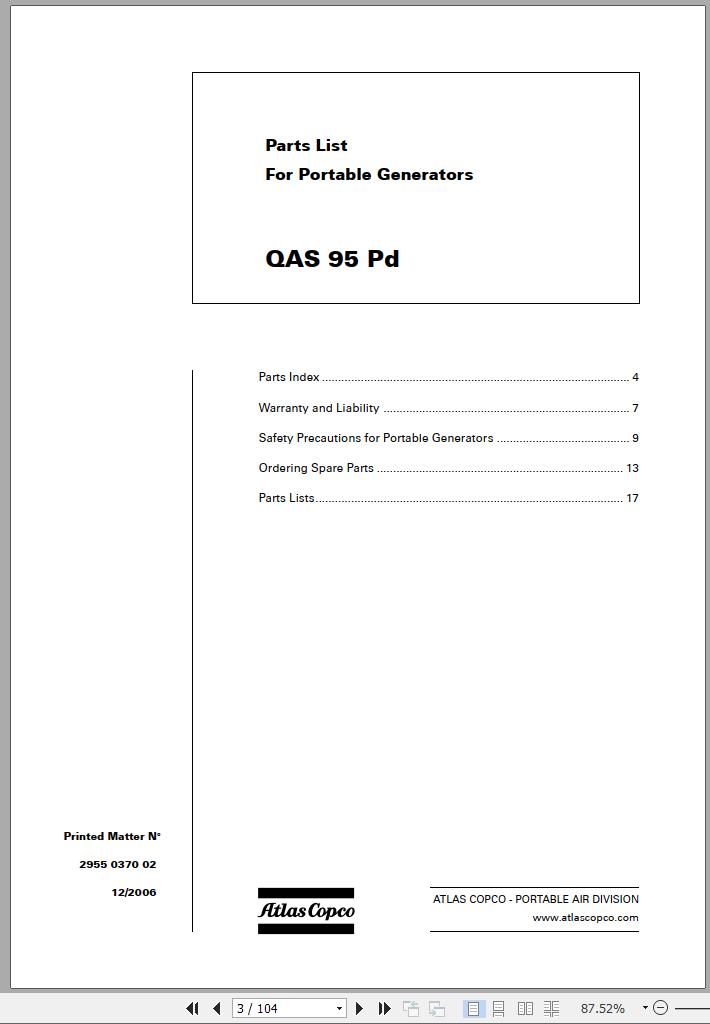 Atlas Copco Portable Compressors QAS 95 Pd Spare Parts List 2006
