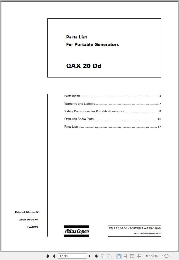 Atlas Copco Portable Compressors QAX 20 Dd Spare Parts List 2006