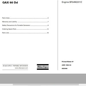 Atlas Copco Portable Compressors QAX 60 Dd Engine BF04M2011C Spare Parts List 2008