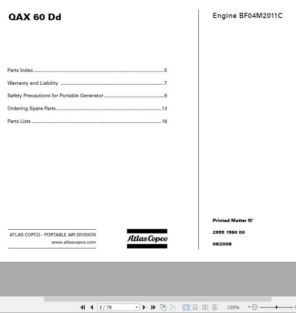 Atlas Copco Portable Compressors QAX 60 Dd Engine BF04M2011C Spare Parts List 2008