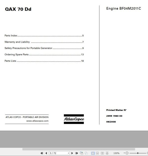 Atlas Copco Portable Compressors QAX 70 Dd Engine BF04M2011C Spare Parts List 2008