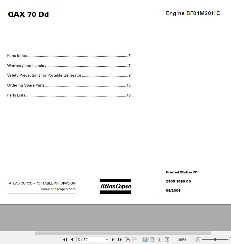 Atlas Copco Portable Compressors QAX 70 Dd Engine BF04M2011C Spare Parts List 2008