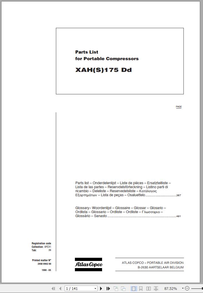 Atlas Copco Portable Compressors XAHS 175 Dd Spare Parts List 1998