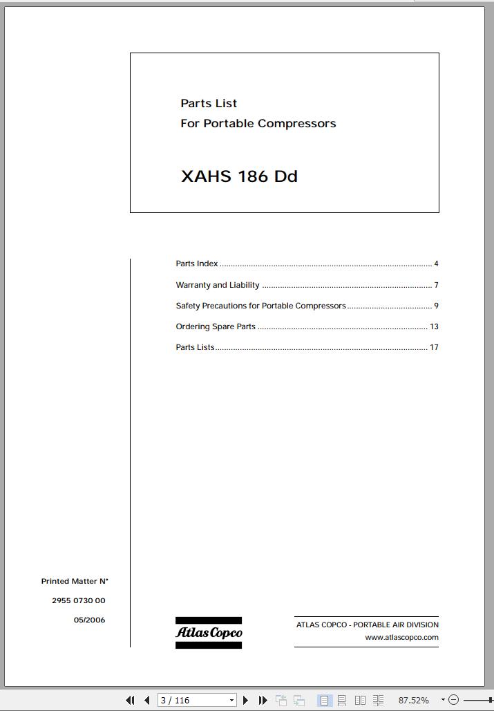 Atlas Copco Portable Compressors XAHS 186 Dd Spare Parts List 2006