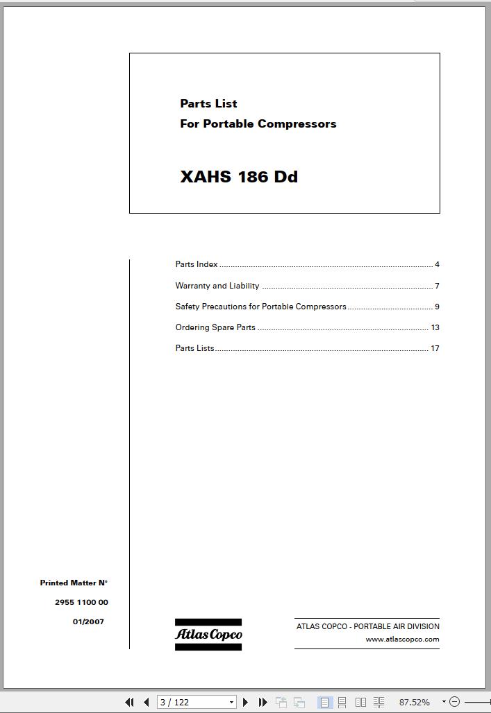 Atlas Copco Portable Compressors XAHS 186 Dd Spare Parts List 2007