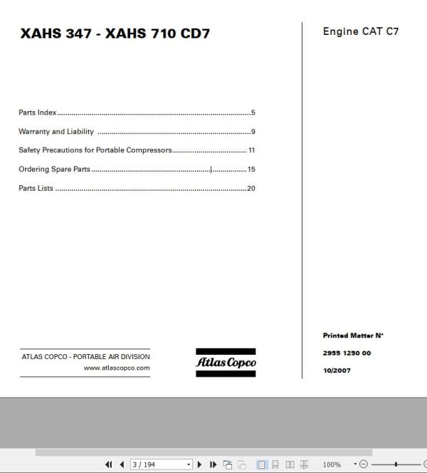 Atlas Copco Portable Compressors XAHS 347 XAHS 710 CD7 Engine CAT C7 Spare Parts List 2007
