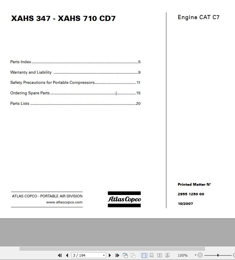 Atlas Copco Portable Compressors XAHS 347 XAHS 710 CD7 Engine CAT C7 Spare Parts List 2007