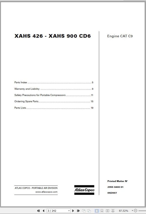 Atlas Copco Portable Compressors XAHS 426 XAHS 900 CD6 Engine CAT C9 Spare Parts List 2007