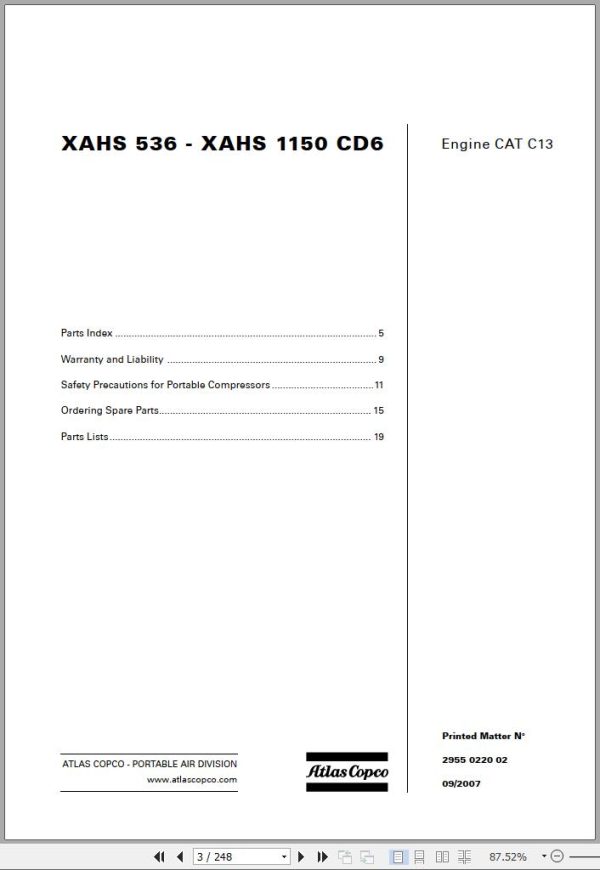 Atlas Copco Portable Compressors XAHS 536 XAHS 1150 CD6 Engine CAT C13 Parts List 2007