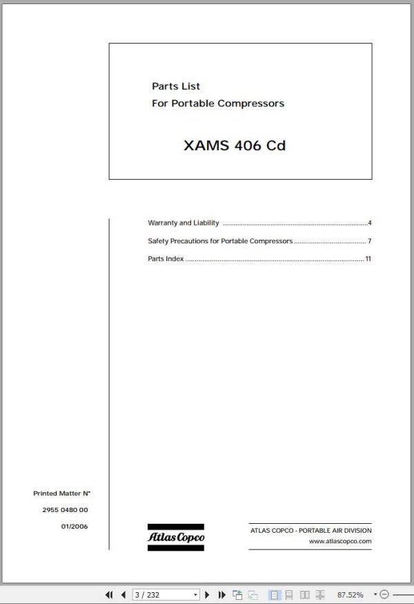 Atlas Copco Portable Compressors XAMS 406 Cd 2955 0480 00 Spare Parts List 2006