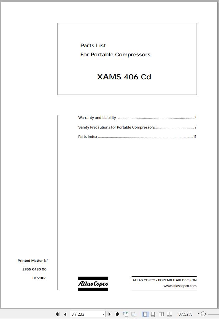Atlas Copco Portable Compressors XAMS 406 Cd 2955 0480 00 Spare Parts List 2006