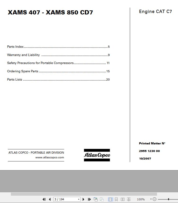Atlas Copco Portable Compressors XAMS 407 XAMS 850 CD7 Engine CAT C7 Spare Parts List 2007