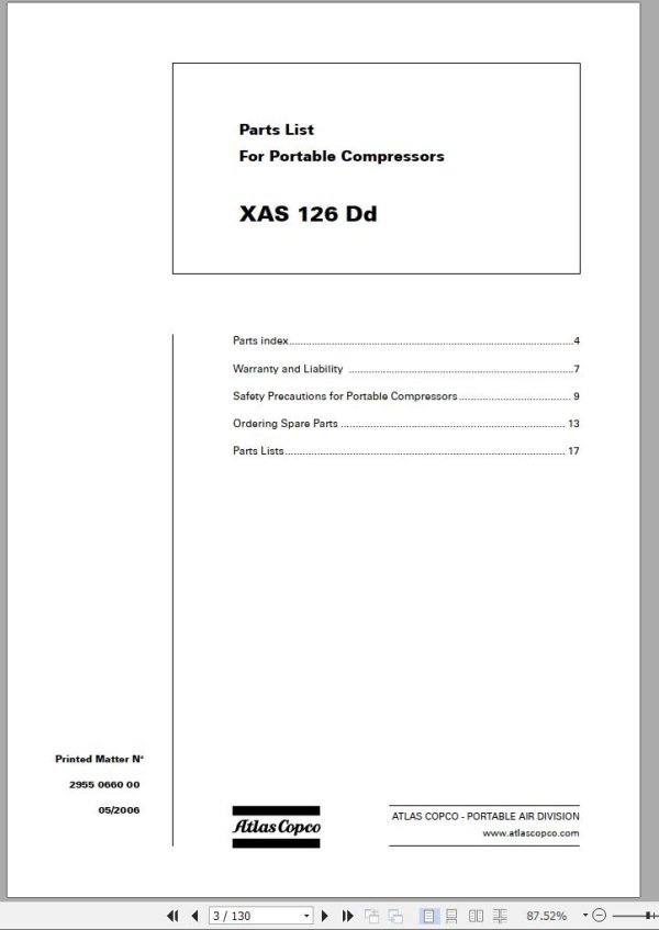 Atlas Copco Portable Compressors XAS 126 Dd Spare Parts List 2006