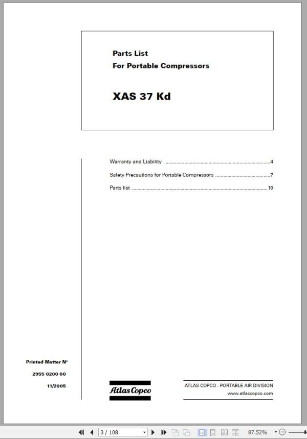 Atlas Copco Portable Compressors XAS 37 Kd Spare Parts List 2005