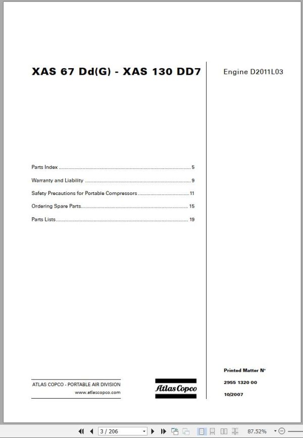 Atlas Copco Portable Compressors XAS 67 DdG XAS 130 DD7 Engine D2011L03 Spare Parts List 2007