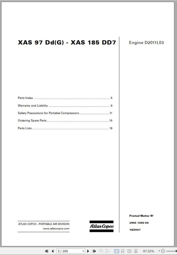 Atlas Copco Portable Compressors XAS 97 DdG XAS 185 DD7 Engine D2011L03 Spare Parts List 2007