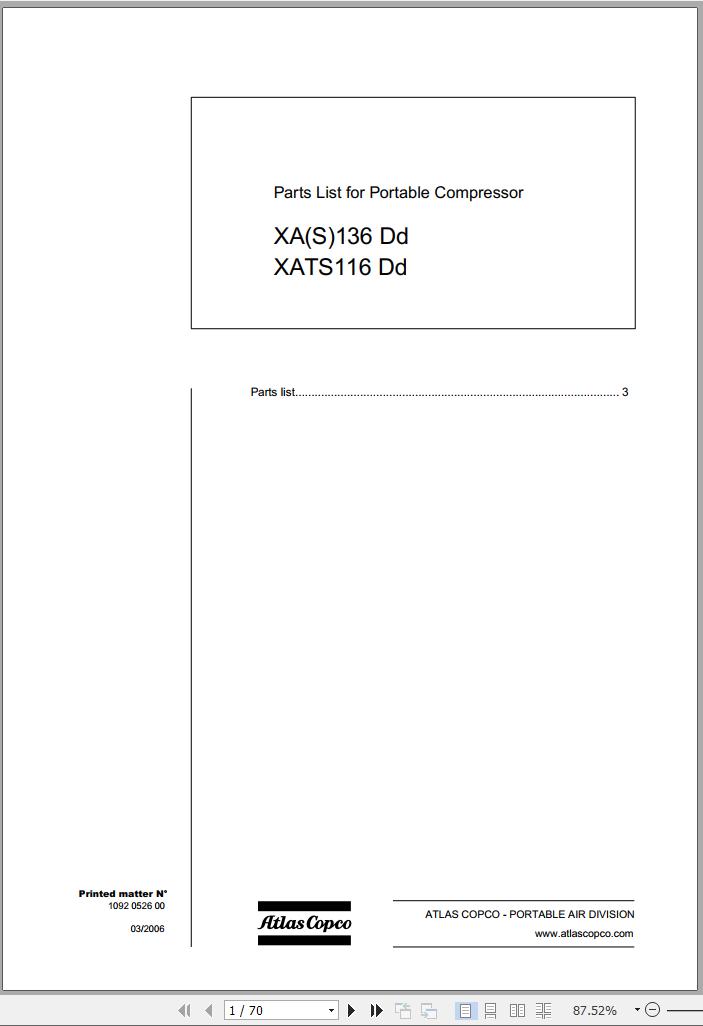Atlas Copco Portable Compressors XAS136 Dd XATS116 Dd Spare Parts List 2006
