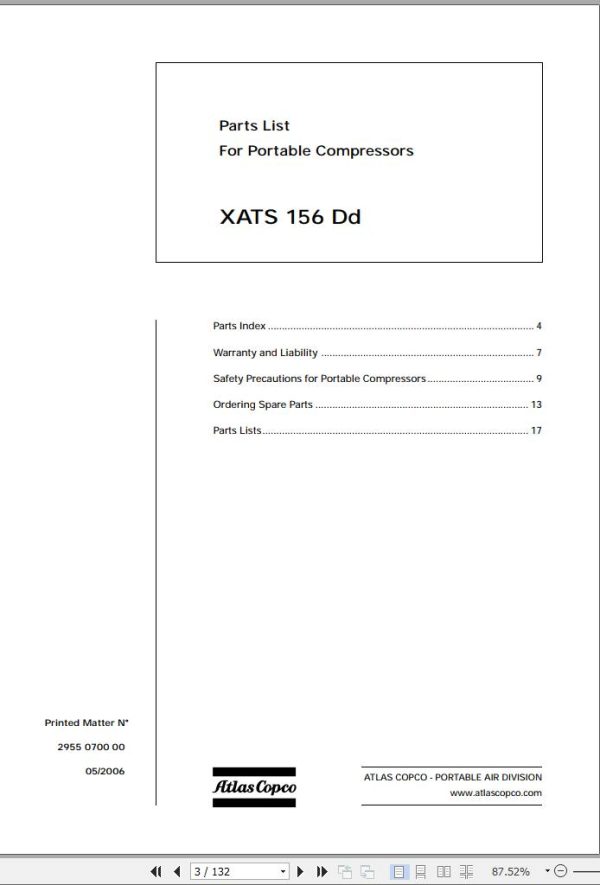Atlas Copco Portable Compressors XATS 156 Dd Spare Parts List 2006