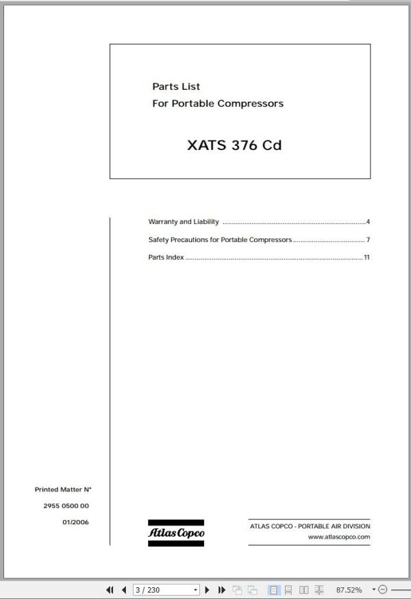 Atlas Copco Portable Compressors XATS 376 Cd 2955 0500 00 Spare Parts List 01.2006