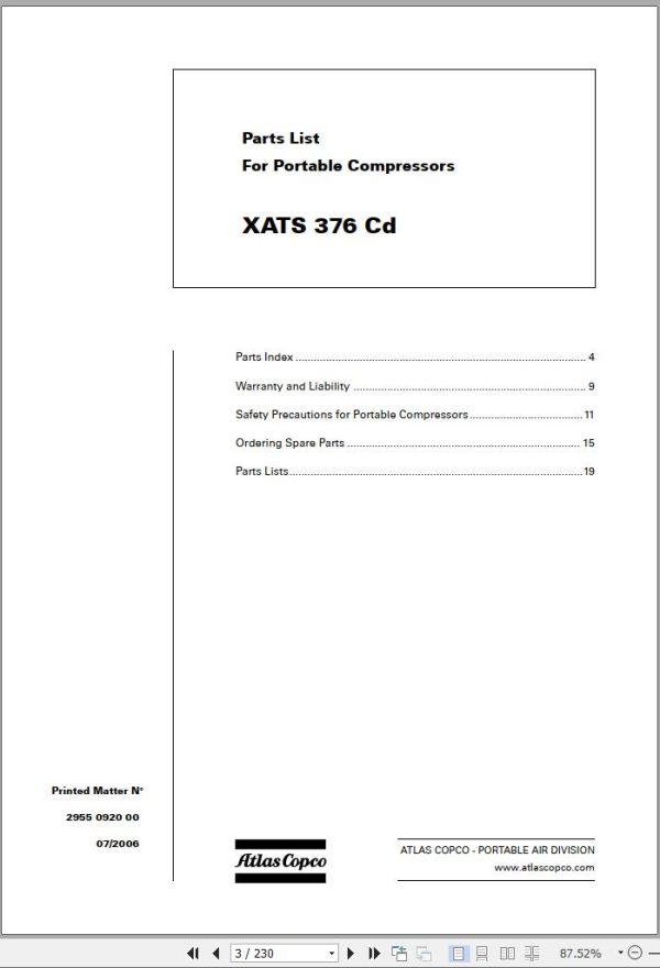 Atlas Copco Portable Compressors XATS 376 Cd 2955 0920 00 Spare Parts List 07.2006
