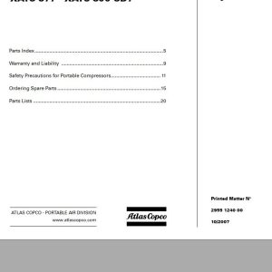 Atlas Copco Portable Compressors XATS 377 XATS 800 CD7 Engine CAT C7 Spare Parts List 2007