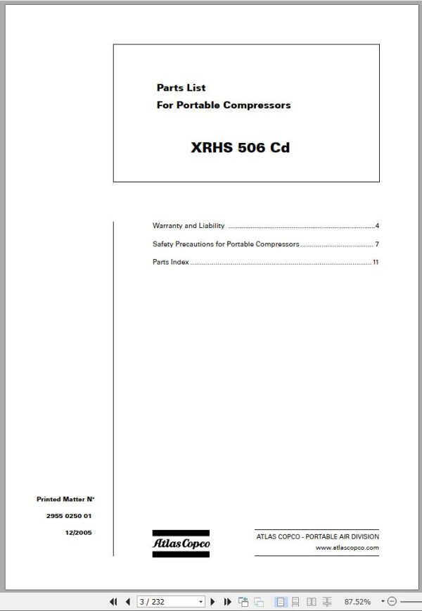 Atlas Copco Portable Compressors XRHS 506 Cd Spare Parts List 2005