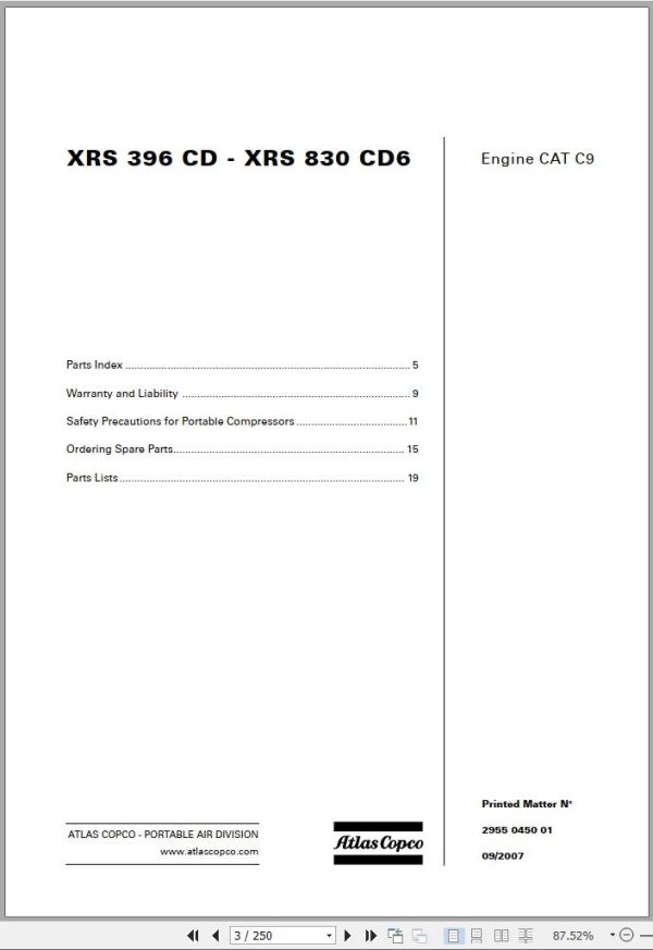 Atlas Copco Portable Compressors XRS 396 CD XRS 830 CD6 Engine CAT C9 Spare Parts List 2007
