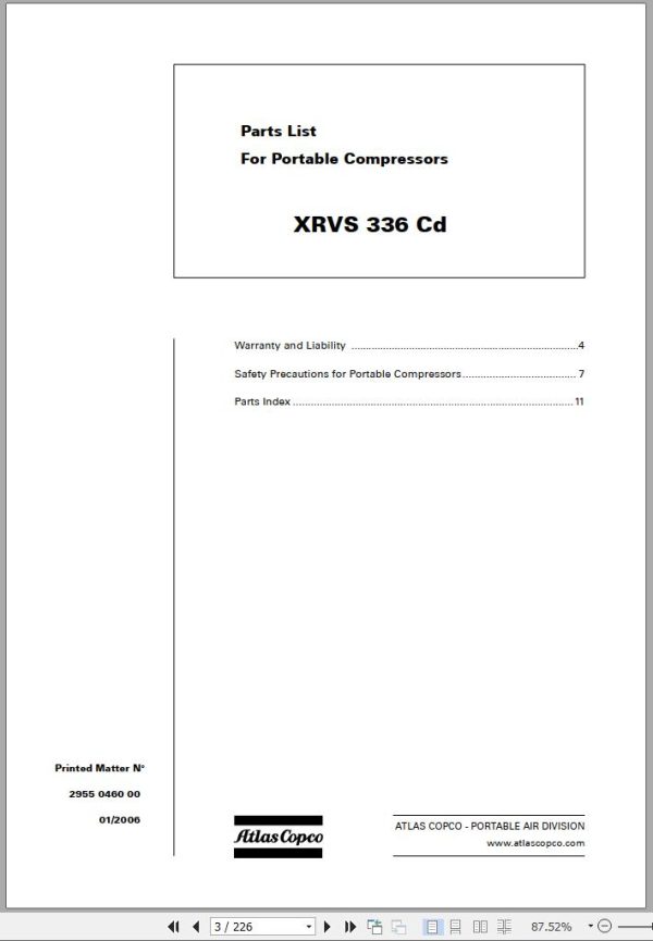 Atlas Copco Portable Compressors XRVS 336 Cd Spare Parts List 2006