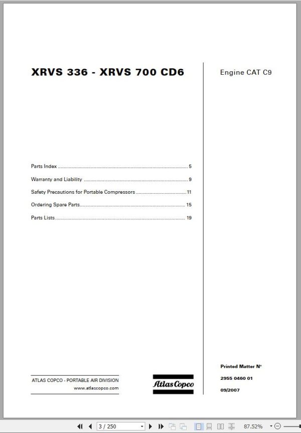 Atlas Copco Portable Compressors XRVS 336 XRVS 700 CD6 Engine CAT C9 Spare Parts List 2007
