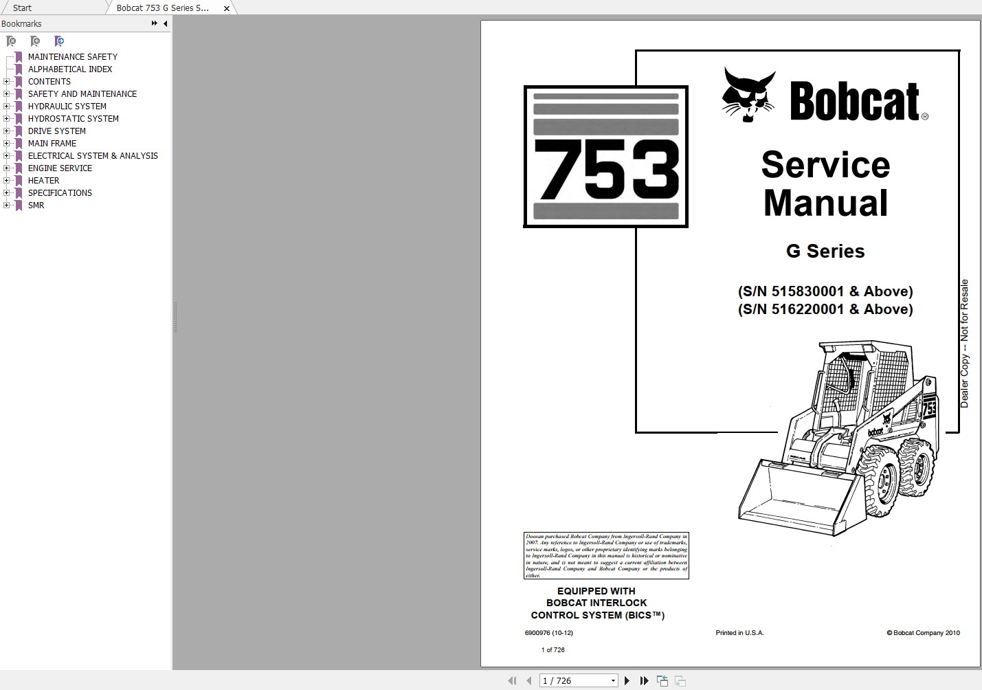 Bobcat Loader 753 Service Manual Schematic Operation Maintenance Manual 1