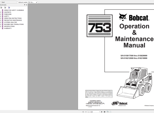 Bobcat Loader 753 Service Manual Schematic Operation Maintenance Manual 3