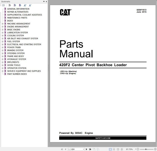 CAT Backhoe Loader 420F2 Center Pivot Parts Manual SEBP7672 2015