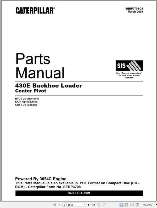 CAT Backhoe Loader 430E Center Pivot Parts Manual SEBP3708 25 2009